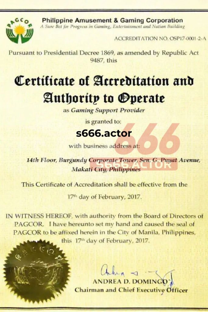 Giấy chứng nhận pagcor của nhà cái s666
